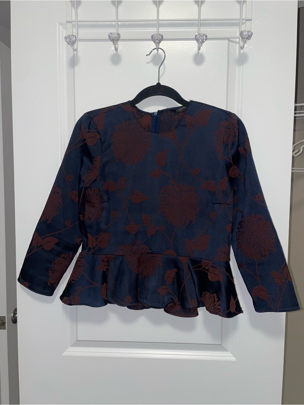 Zara Navy Blue & Brown Floral Peplum Blouse